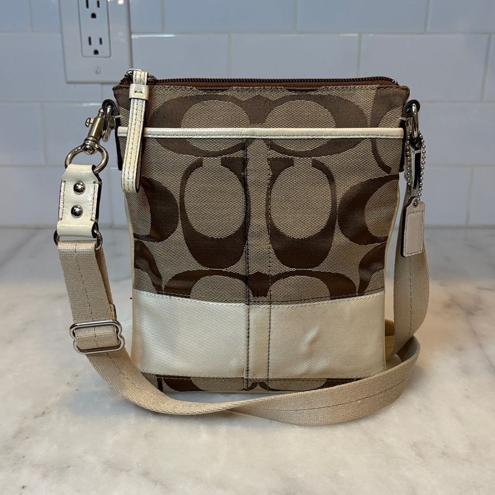 Coach Crossbody Purse Handbag Signature Stripe Jacquard Logo Swing Pack Bag